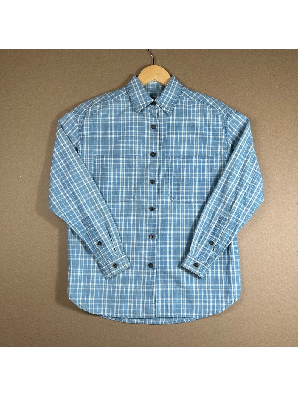 Vintage Lizwear Preppy Blue Plaid Button-Front Shirt Size PS Cotton 90s Casual